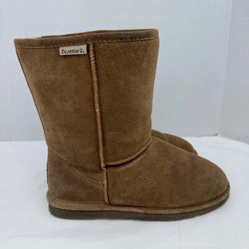 Bearpaw Emma Mid Calf Suede Boots Hickory Brown Sheepskin Lining Womens 10